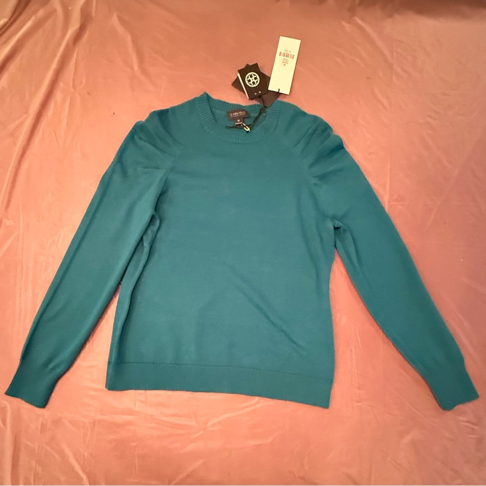 NWT Carlisle Green Cotton/Cashmere pleat shoulder sweater Size Medium - Picture 6 of 11